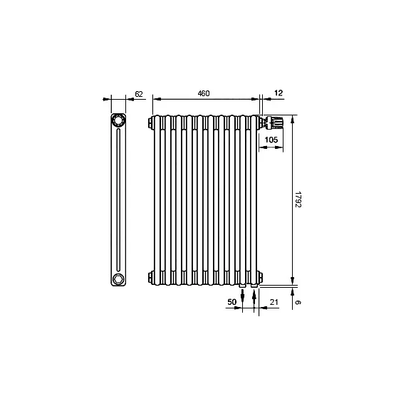 Вертикальный радиатор Zehnder Charleston 2180 490х1790 мм (10 секций) нижнее подключение, белый фото 5