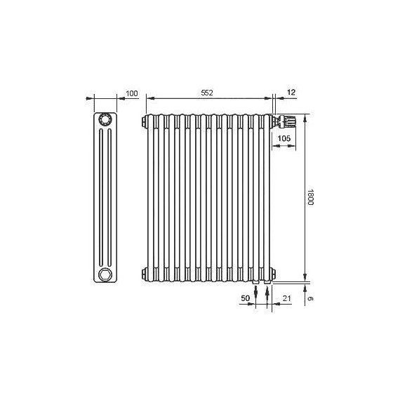 Вертикальный радиатор Zehnder Charleston 3180 580х1800 мм (12 секций) нижнее подключение фото 5