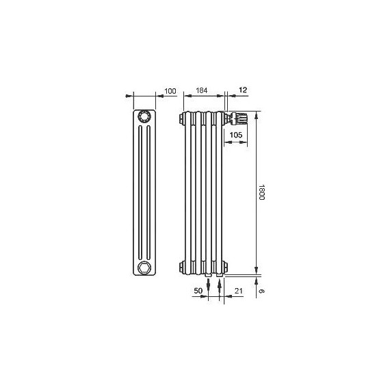 Вертикальный радиатор Zehnder Charleston 3180 210х1800 мм (4 секции) нижнее подключение фото 5