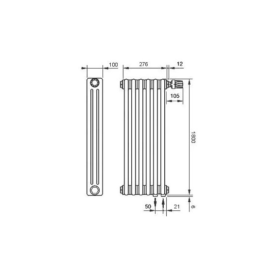 Вертикальный радиатор Zehnder Charleston 3180 300х1800 мм (6 секций) нижнее подключение фото 6