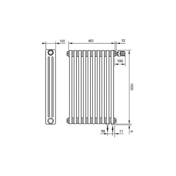 Вертикальный радиатор Zehnder Charleston 3180 490х1800 мм (10 секций) нижнее подключение фото 5