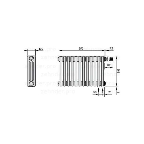 Радиатор Zehnder Charleston Retrofit 3057 580х570 мм (12 секций) нижнее подключение фото 5