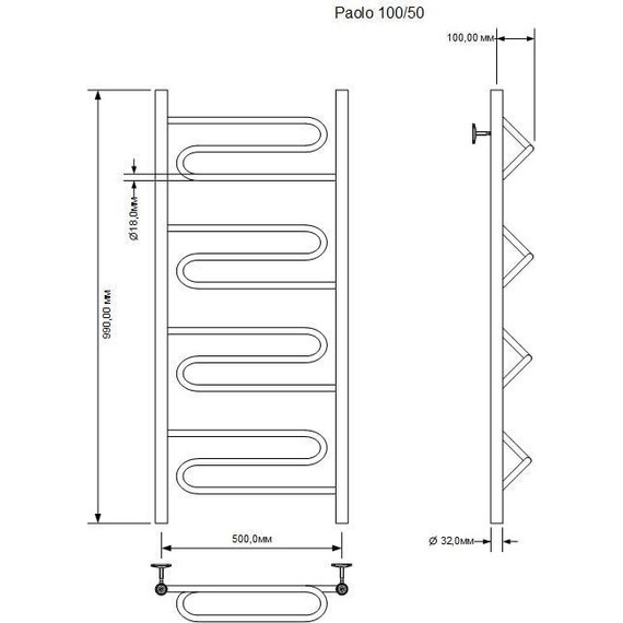 Полотенцесушитель водяной Aquanet Paolo П12 500х1000 мм 266734 фото 2