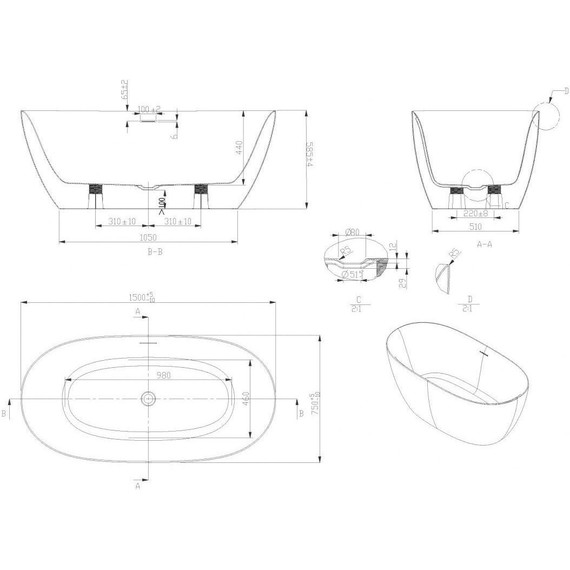 Ванна отдельностоящая Art&Max Genova 150x75 см AM-GEN-1500-750 фото 3