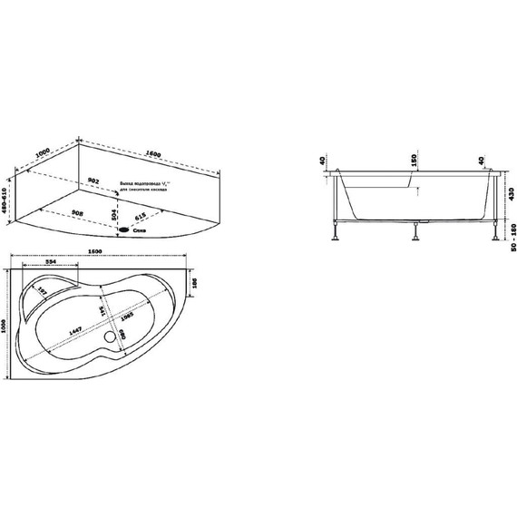 Ванна акриловая Azario Микона 160x100 см R МИВ0002 - 3 Ванна акриловая Azario Микона 160x100 см R МИВ0002 фото 3