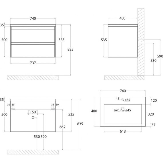 Тумба подвесная с раковиной Art&Max Family-750-2C-SO-BL 75 см, белый глянец фото 5