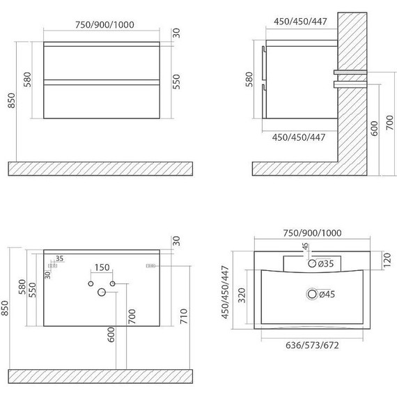 Тумба подвесная с раковиной Art&Max AM-Bianchi-750-2C-SO-GM 75 см, серый матовый, Цвет фасада: серый фото 6