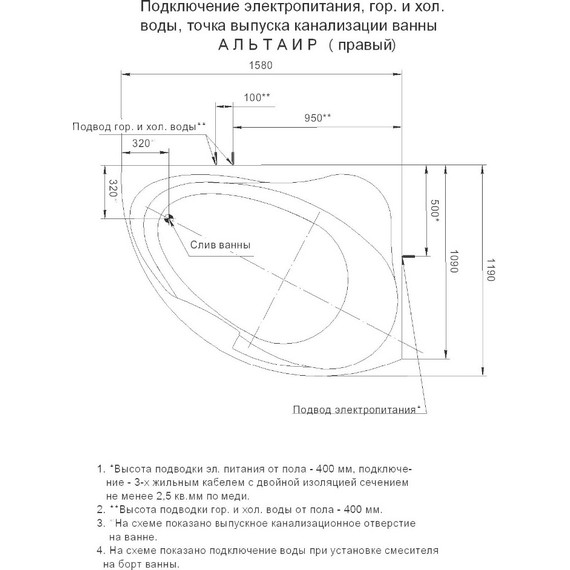 Ванна гидро-аэромассажная Aquatek Альтаир 160x120 см R фото 6