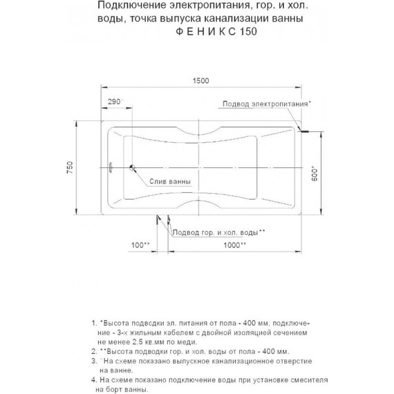 Ванна гидро-аэромассажная Aquatek Феникс 150x75 см фото 6
