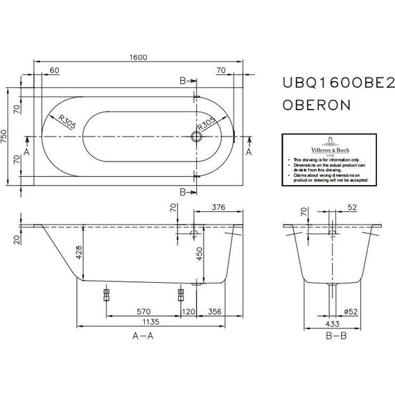 Ванна квариловая Villeroy&Boch Oberon Solo 160x75 см UBQ160OBE2V-01 с ножками фото 8