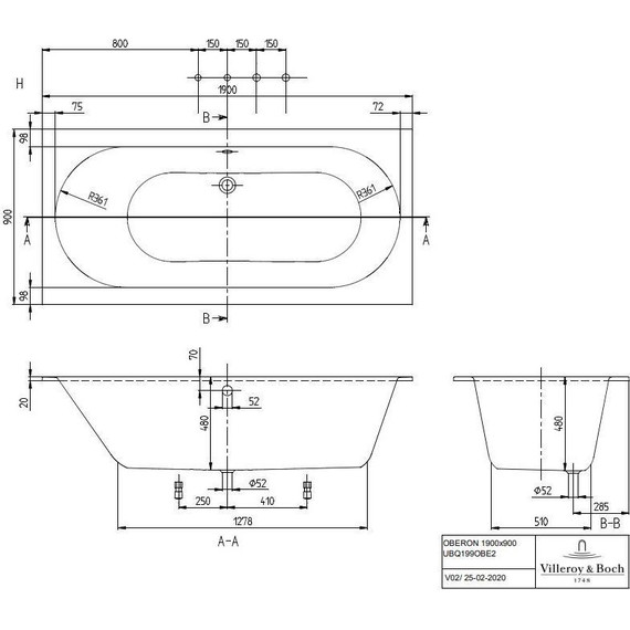 Ванна квариловая Villeroy&Boch Oberon Duo 190x90 см UBQ199OBE2V-01 с ножками фото 2