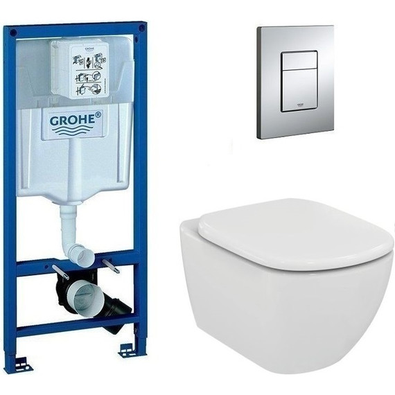Инсталляция с подвесным унитазом комплект: Grohe Rapid SL 38772001 с подвесным безободковым унитазом Ideal Standard Tesi AquaBlade T007901 сиденье микролифт, крепление, кнопка смыва хром, Цвет производителя: белый фото 