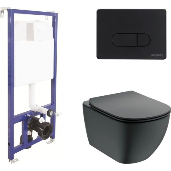 Инсталляция Berges Wasserhaus Novum D5 с подвесным безободковым унитазом Ideal Standard Silk Black Tesi AquaBlade, чёрный матовый фото 