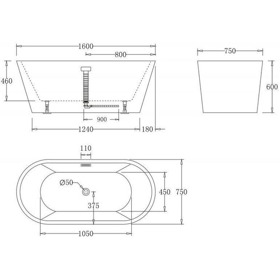 Ванна отдельностоящая BelBagno BB71-1600-W0 160x75 см, Размер - мм: 1600х750 фото 4