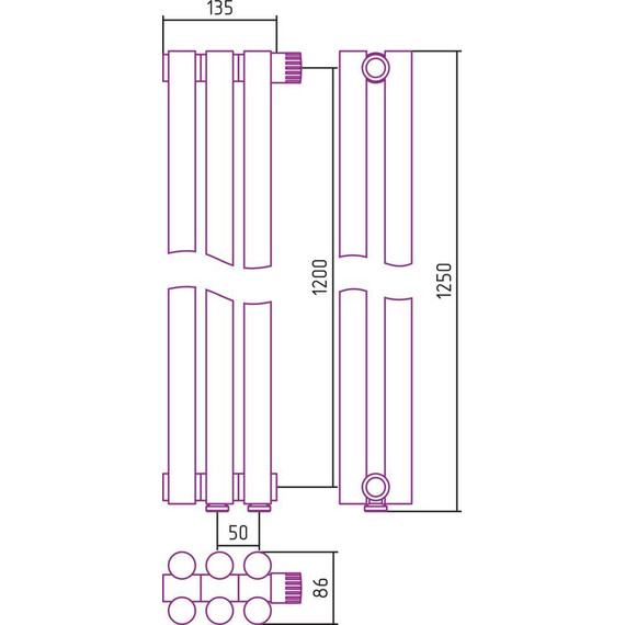Радиатор Сунержа Эстет-11 135х1200 мм (3 секции) 00-0312-1203 нижнее правое подключение фото 6