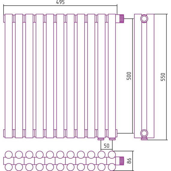 Радиатор Сунержа Эстет-11 495х500 мм (11 секций) 00-0312-5011 нижнее правое подключение фото 6