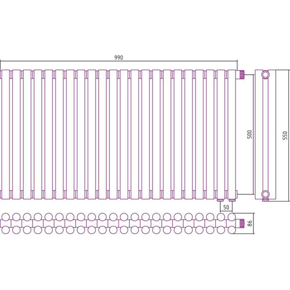 Радиатор Сунержа Эстет-11 990х500 мм (22 секции) 00-0312-5022 нижнее правое подключение фото 6