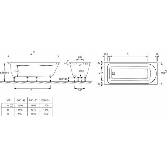 Ванна акриловая Jacob Delafon Odeon Rive Gauche 160x70 см E6D150-00 с ножками, Размер - мм: 1600х700 - 3 Ванна акриловая Jacob Delafon Odeon Rive Gauche 160x70 см E6D150-00 с ножками, Размер - мм: 1600х700 фото 3