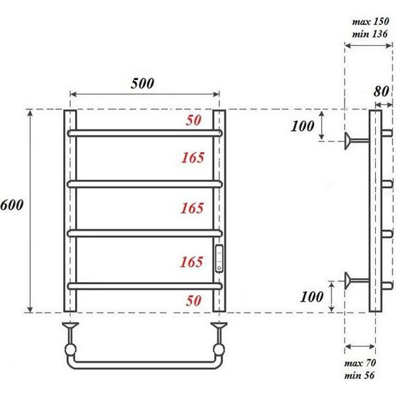 Полотенцесушитель электрический Point П4 500x600 мм PN08856 (возможность скрытого подключения) R фото 3