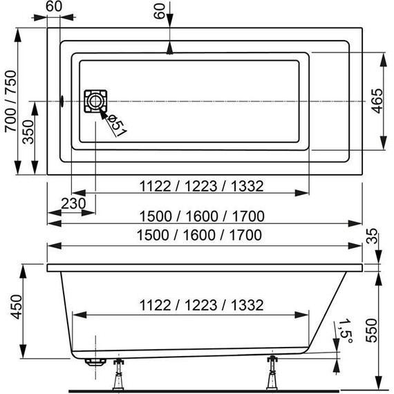Ванна акриловая Vagnerplast Cavallo 170x75 см 76380, Размер - мм: 1700х750 фото 7