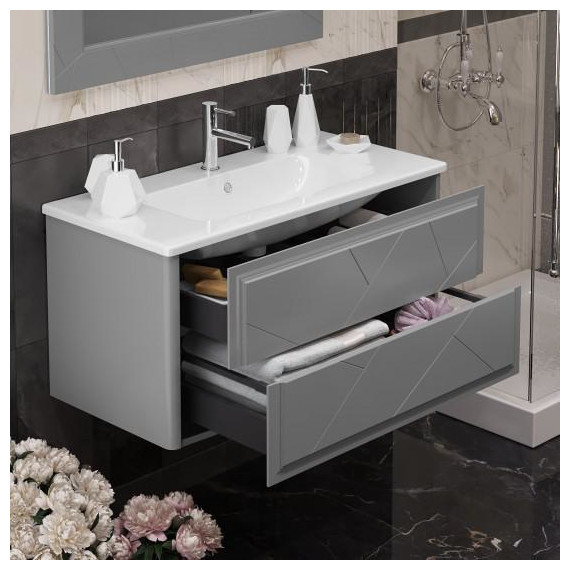 Тумба подвесная с раковиной-столешницей Opadiris Луиджи 100 см, серый матовый (раковина Euphoria 100, цвет белый) фото 5