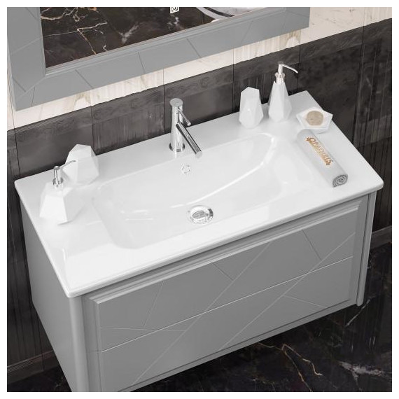 Тумба подвесная с раковиной-столешницей Opadiris Луиджи 100 см, серый матовый (раковина Euphoria 100, цвет белый) фото 6