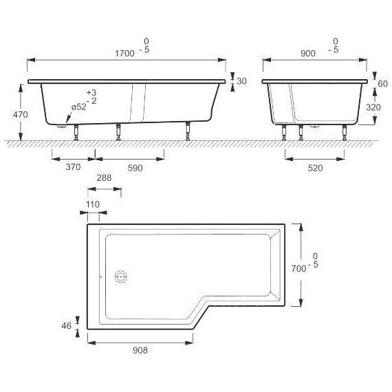 Ванна акриловая Jacob Delafon Bain Douche Neo 170х90 см L E6D002L-00 с ножками, Размер - мм: 1700х900 фото 6