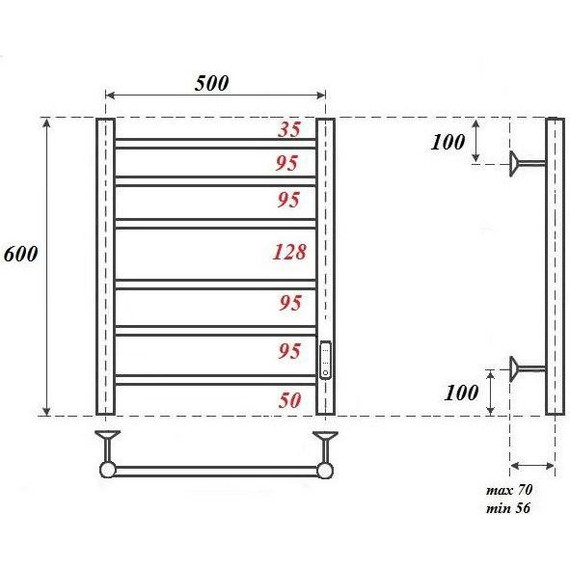 Полотенцесушитель электрический Point П6 500x600 мм PN10856B, чёрный (возможность скрытого подключения) R фото 3