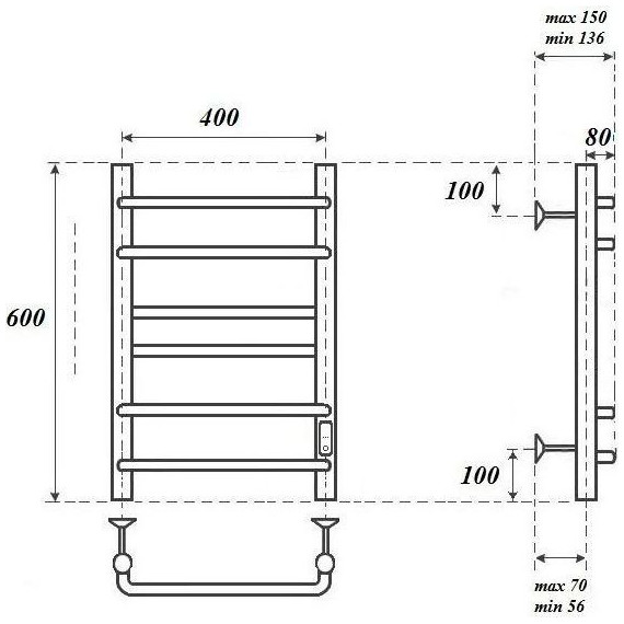 Полотенцесушитель электрический Point П6 400x600 мм PN90846W, белый (возможность скрытого подключения) R фото 5