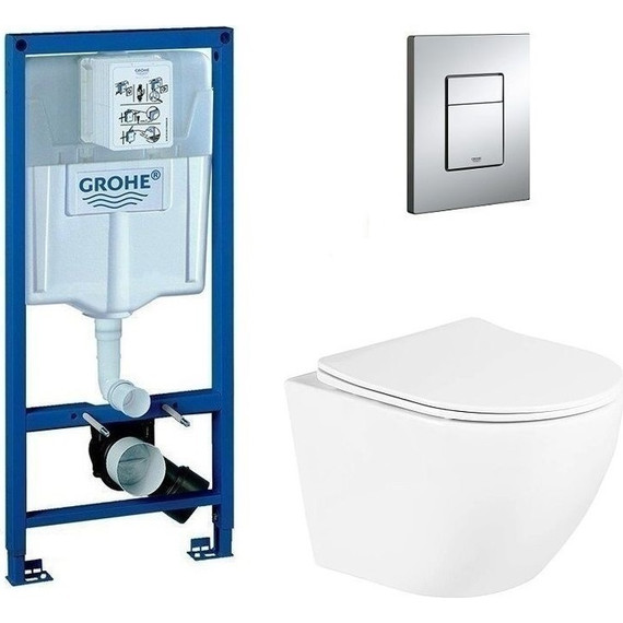 Инсталляция с подвесным унитазом комплект: Grohe Rapid SL 38772001 с подвесным безободковым унитазом BelBagno Uno BB3105CHR/SC сиденье микролифт, крепление, кнопка смыва хром, Цвет производителя: белый фото 