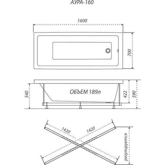 Ванна акриловая Тритон Аура 160x70 см с каркасом, Размер - мм: 1600х700 - 6 Ванна акриловая Тритон Аура 160x70 см с каркасом, Размер - мм: 1600х700 фото 6