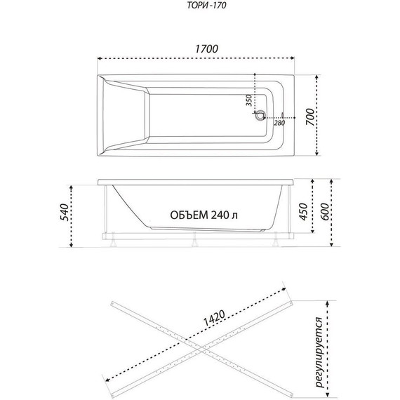 Ванна акриловая 1ACReal Тори 170 см с каркасом, Размер - мм: 1700х700 фото 8