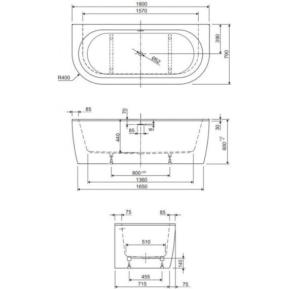 Ванна акриловая Cezares Slim Wall 180x79 см Slim Wall-180-80-60-W37-SET фото 3