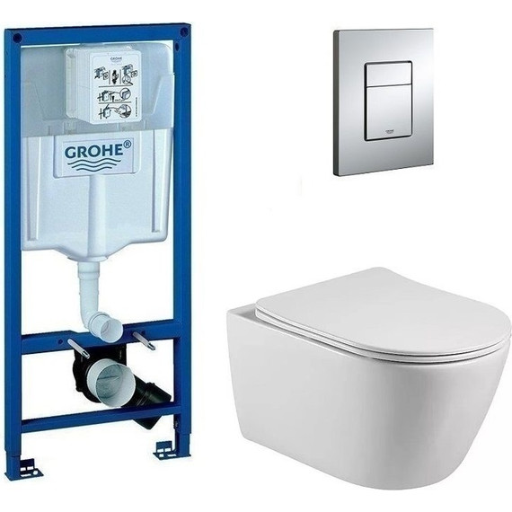 Инсталляция с подвесным унитазом комплект: Grohe Rapid SL 38772001 с подвесным безободковым унитазом Aquatek Бетта AQ1253W-00 сиденье микролифт, крепление, кнопка смыва хром фото 