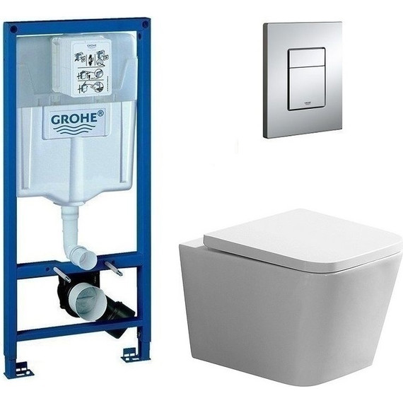Инсталляция с подвесным унитазом комплект: Grohe Rapid SL 38772001 с подвесным безободковым унитазом Azario Nova AZ2216 сиденье микролифт, крепление, кнопка смыва хром фото 