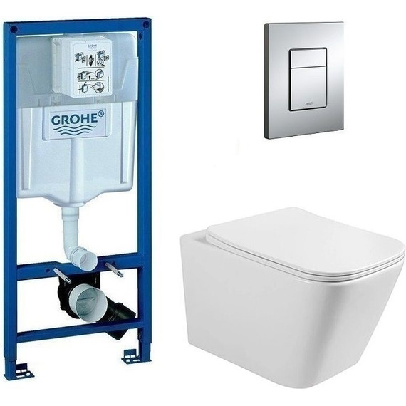 Инсталляция с подвесным унитазом комплект: Grohe Rapid SL 38772001 с подвесным безободковым унитазом Azario Boca AZ-2002 сиденье микролифт, крепление, кнопка смыва хром фото 