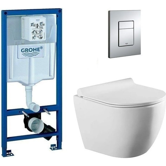 Инсталляция с подвесным унитазом комплект: Grohe Rapid SL 38772001 с подвесным безободковым унитазом Azario Geno AZ2196D сиденье микролифт, крепление, кнопка смыва хром фото 