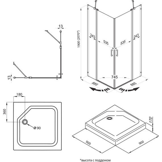 Душевое ограждение Triton Тау 90x90 см, чёрный/прозрачное фото 8