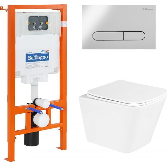 Инсталляция с подвесным безободковым унитазом BelBagno Due BB3103CHR/SC/BB002-80/BB005-PR-CHROME (кнопка смыва Prospero, хром глянцевый) фото 