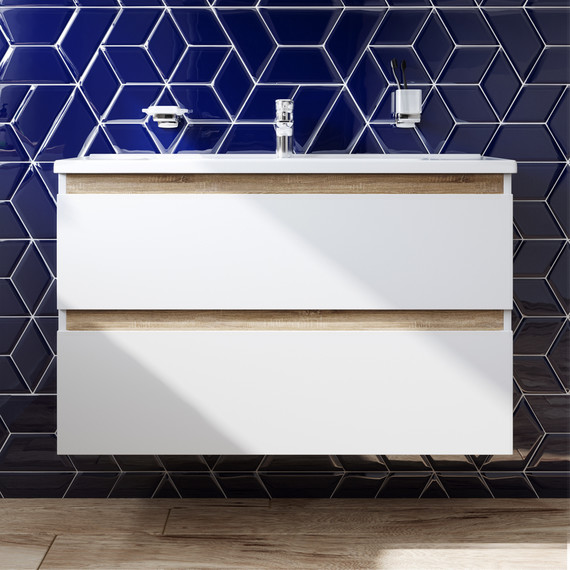 Тумба подвесная с раковиной Am.Pm X-Joy 100 см M85AFHX1002WG, белый глянцевый, Цвет фасада: белый фото 2