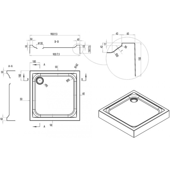 Поддон акриловый Am.Pm Gem 90х90 см W90T-403-090W фото 3