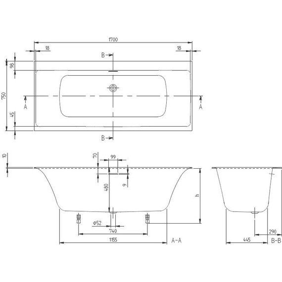 Ванна квариловая Villeroy&Boch Subway 3.0 170x75 см UBQ170SBW2DV-01 с ножками и сифоном фото 6