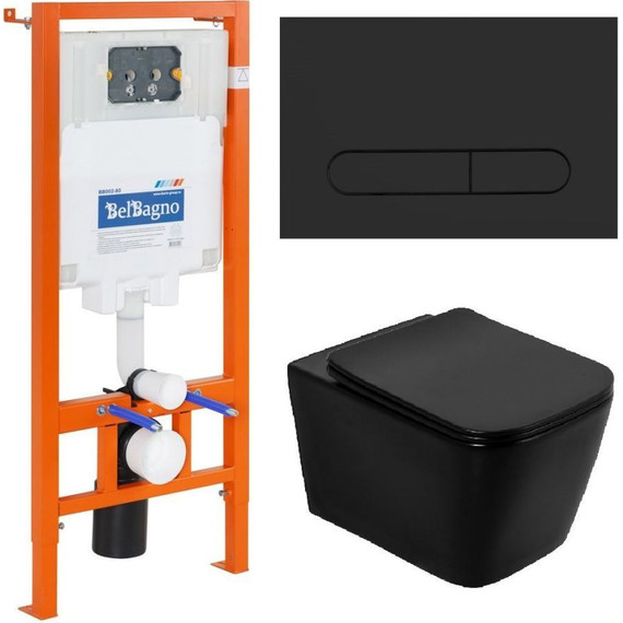 Инсталляция с подвесным безободковым унитазом BelBagno Ardente-C BB3202CHR-MB/BB3202SC-MB/BB002-80/BB007-PR-NERO.M (кнопка смыва Sfera, черный матовый) фото 