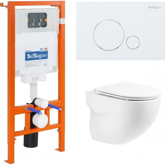 Инсталляция с подвесным безободковым унитазом BelBagno Onda BB066CHR/BB870SC/BB002-80/BB014-SR-BIANCO (кнопка смыва Sfera, белый) фото 