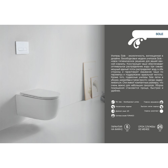 Унитаз подвесной безободковый Sole Typhoon (смыв торнадо) с тонкой крышкой микролифт фото 9