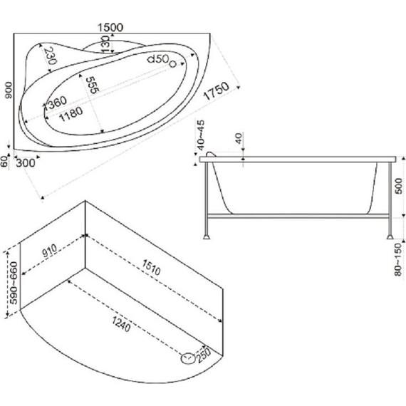 Ванна акриловая 150*90 Bas ВЕКТРА L фото 6