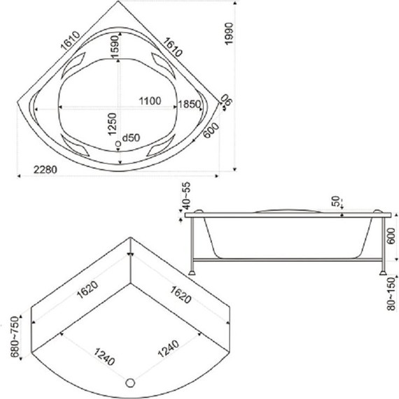 Ванна акриловая 161*161 Bas РИВЬЕРА фото 6