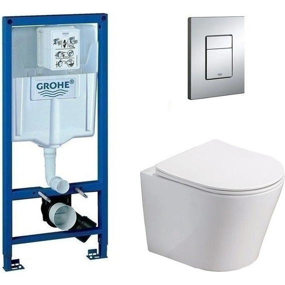 Инсталляция с подвесным унитазом комплект: Grohe Rapid SL 38772001 с подвесным безободковым унитазом Azario Atrio AZ-2330 сиденье микролифт, крепление, кнопка смыва хром фото 