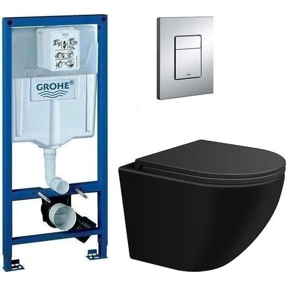 Инсталляция с подвесным унитазом комплект: Grohe Rapid SL 38772001 с подвесным безободковым унитазом Sintesi Evi SIN-TS-EVI-151BM сиденье микролифт, крепление, кнопка смыва хром фото 