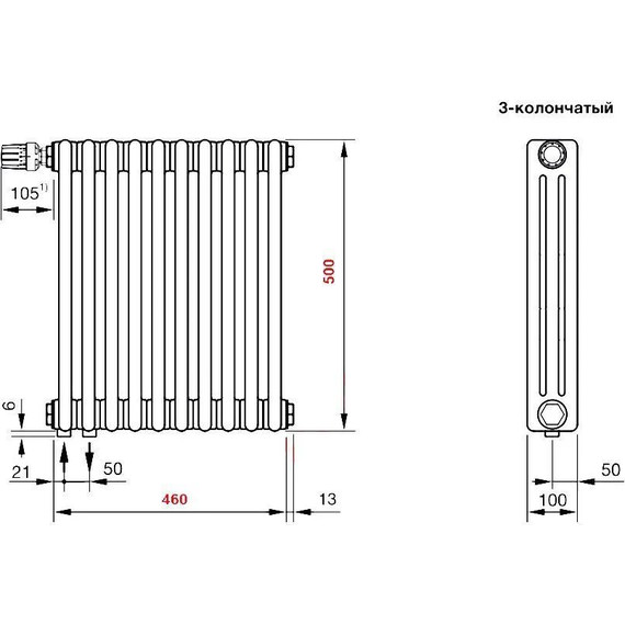 Радиатор Zehnder Charleston Completto 3050 480х500 мм (10 секций) нижнее подключение фото 4